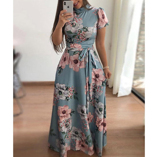 Women Elegant Short Sleeve Flower Print Long Dress Women Casual Slim Sashes O-neck High Waist Robe Party Maxi Vestidos