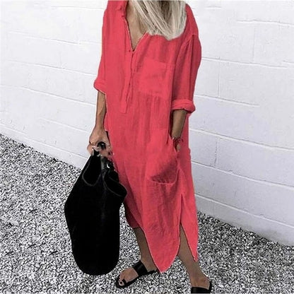 Summer Shirt Long Dress Women Casual Long Sleeve Side Split Button Dresses 2023 Female Elegant Solid Color Pocket Loose Dresses