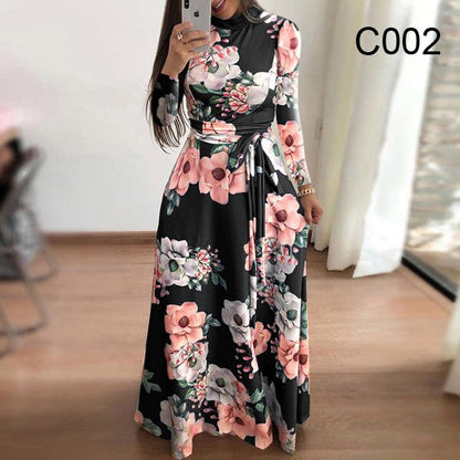 Women Elegant Long Sleeve Flower Print Long Dress Women Casual Slim Sashes O-neck High Waist Robe Party Maxi Vestidos