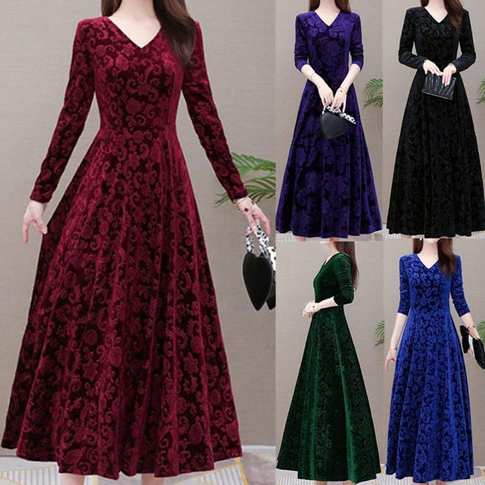 Women&#39;s dress Floral Pattern V Neck robe Spring Elegant Long dresses women Fashion Vestidos for evening dresses