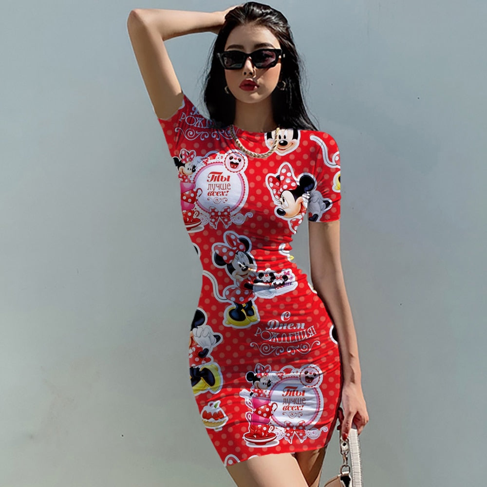 Disney Minnie Mickey Summer Women Elegant Fashion Simple Print Bodycon Pencil Dresses Slim Mini Short Sleeve Casual Sheath Dress