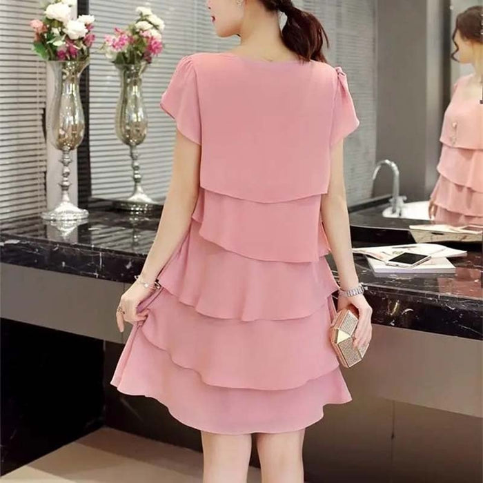 Dress Women Summer Wave Cut Sweet Solid Short Sleeve Slim Casual Clothing Lady All-match Vestido Trendy Simple O-Neck Casual New