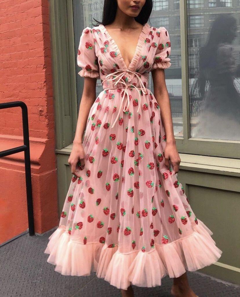 Women Princess Dress Strawberry Sequin Mesh Embroidery Lace-Up Puff Sleeve V-Neck Elastic Waist Tulle Dress Fairy Dress Vestido