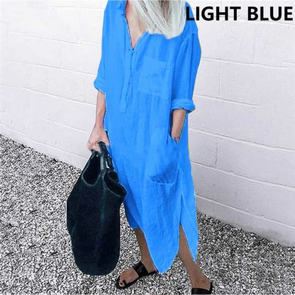 Summer Shirt Long Dress Women Casual Long Sleeve Side Split Button Dresses 2023 Female Elegant Solid Color Pocket Loose Dresses