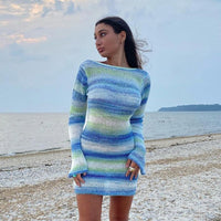 Tie Dye Mini Knitted Sweater Mini Dress Women Long Sleeve Summer Outfits Sexy Backless Beach Bodycon Dress Fashion Y2k mujer