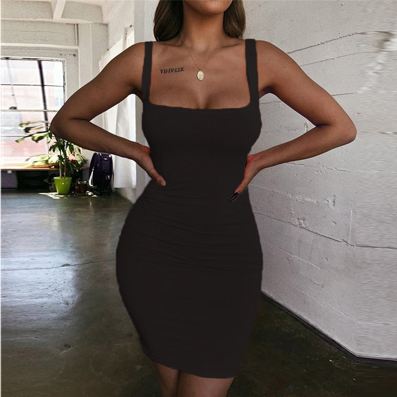 2022 Square Neck Sleeveless Shoulder Bodycon Mini Dress Basic Women Summer Black Backless Party Sexy Yellow Clubwear Dresses