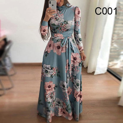 Women Elegant Long Sleeve Flower Print Long Dress Women Casual Slim Sashes O-neck High Waist Robe Party Maxi Vestidos