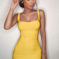 2022 Square Neck Sleeveless Shoulder Bodycon Mini Dress Basic Women Summer Black Backless Party Sexy Yellow Clubwear Dresses
