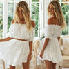 Two Piece Sets  2022 Summer Women Bohemian Casual Beach Skirts 2Pcs Sets Lace Off Shoulder Crop Tops and Short Pleated Skirt