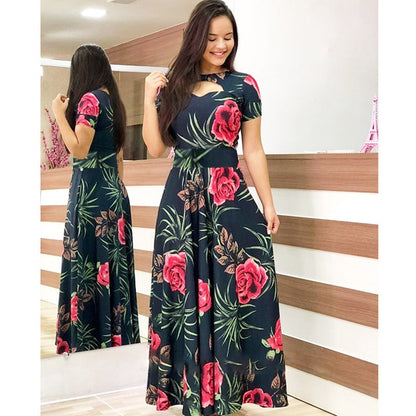 Women Short Sleeve Hollow Out O-neck Long Dress Summer Elegant Floral Printed High Waist Elastic Elegant Boho Robe Maxi Vestidos