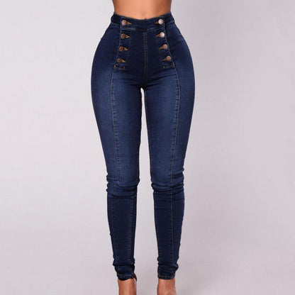 Women High Waist Pencil Jeans Vintage Skinny Double-breasted Pockets Push Up Full Length Denim Pants Trousers Female Clothing