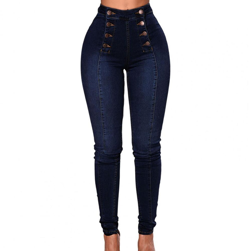 Women High Waist Pencil Jeans Vintage Skinny Double-breasted Pockets Push Up Full Length Denim Pants Trousers Female Clothing