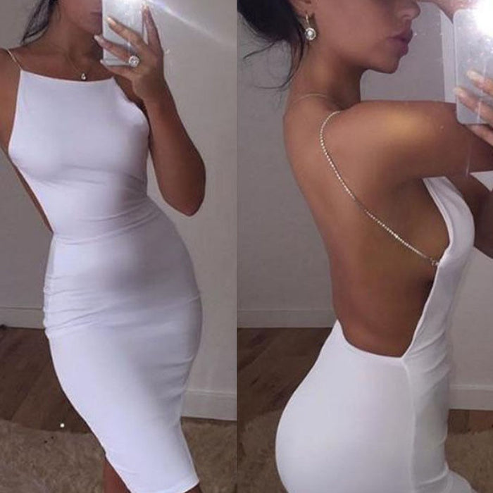 2022 Women Ladies Summer Sexy Evening Party Dress Sleeveless Solid White Backless Hollow Out Skinny High Waist Knee-Length Dress