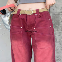 Boyfriend Style Streetwear Baggy Jeans Women Denim Trousers High Waist Y2k Vintage Washed Distressed Wide Leg Mopping Red Pants