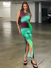 Sleeveless Maxi Bodycon Dresses Fashion Beach Tie Dye Print Split Robe Street Elegant Y2k Sexy Slim Even Dress Summer Women 2022
