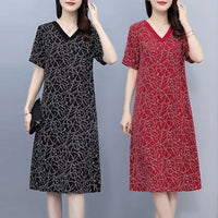 Ice Silk Print Short-sleeved Dress Women&#39;s Stitching   Large Size Mother&#39;s Mid-length Skirt