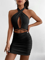 Women&#39;s Sexy Party Club Halter Bodycon Dress Fashion Solid Color Hollow-Out Sleeveless Backless Tie-Up Pleated Mini Dress
