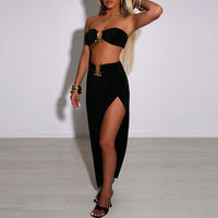 Two-piece Set Sexy Summer Women&#39;s Skirt Suit Backless High Slit Solid Pleated Asymmetrical Split Thigh Maxi Dress for Daily Life