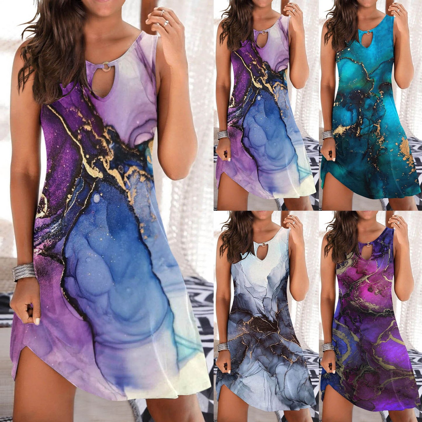 Oil Painting Print Summer Dress Women Lady Elegant Halter Print Sleeveless Boho Dress Casual Beach Hollow Out Sundress Vestidos