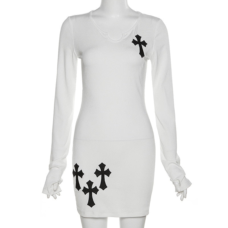 Sifreyr Cross Printed White Mini Dress For Women Sleeveless V-Neck Basic Tank Dress Y2K Streetwear Outfits Party Bodycon Dresses