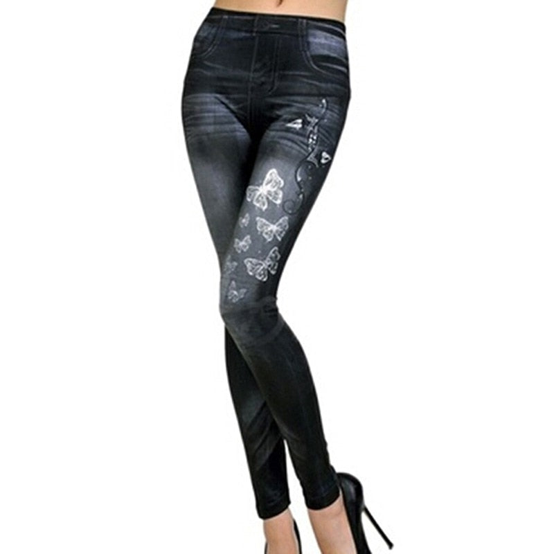2023 New Sexy Womens Denim Snowflake Skinny Stretch Pants Fashion Soft Tights Leggings Black and Blue Woman jeans