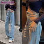 Meqeiss streetwear Side Cross Chain Hollow Out Wide-leg Women&#39;s Jeans High Waist Pants Sexy Elegant Ladies Europe Fashion Jeans