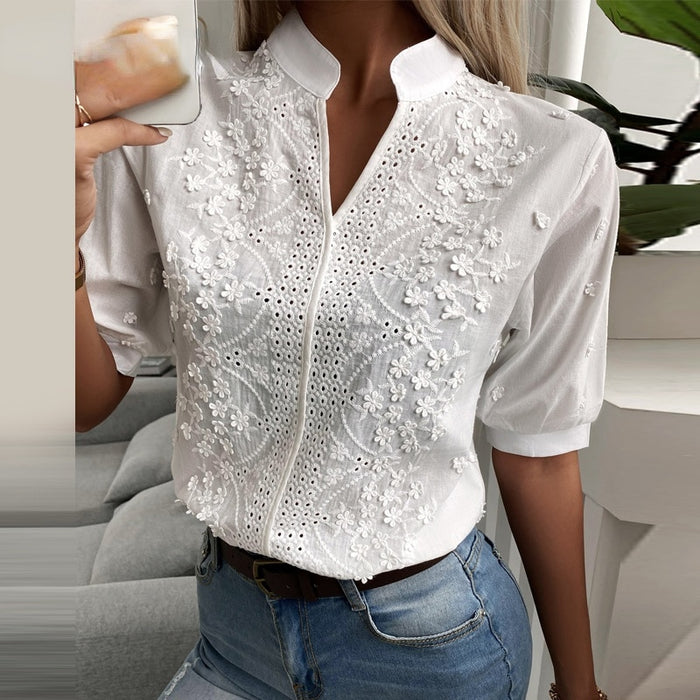 Women Casual Solid Hollow-out Floral V Neck Chic Blouse Style Dress Patterns Material Decoration Origin Gender Season Age Collar