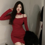 Women&#39;s Dress Slim Sexy Fashion Long Sleeve Spring Festival Dress Retro Red