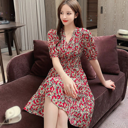 V-Neck Floral Print Dress For Women Spring Summer Fashion Fresh Short Sleeve  Elegant A-Line Dress