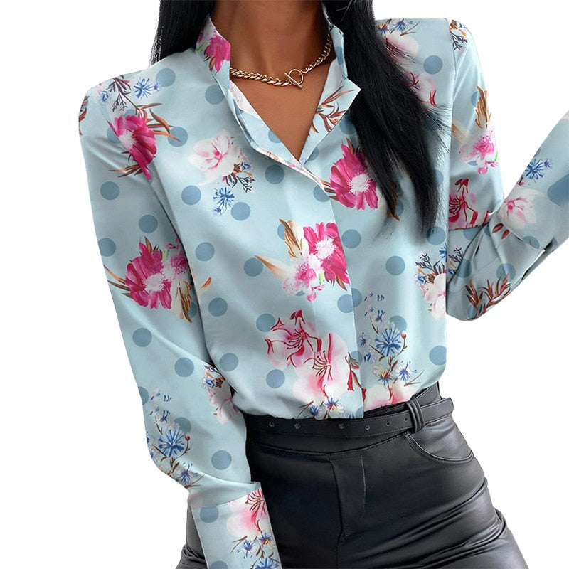 Female Casual Plus Size Blouses Floral Print Blouse Women Clothes Stand Collar Long Sleeve Office Lady Shirts Tops