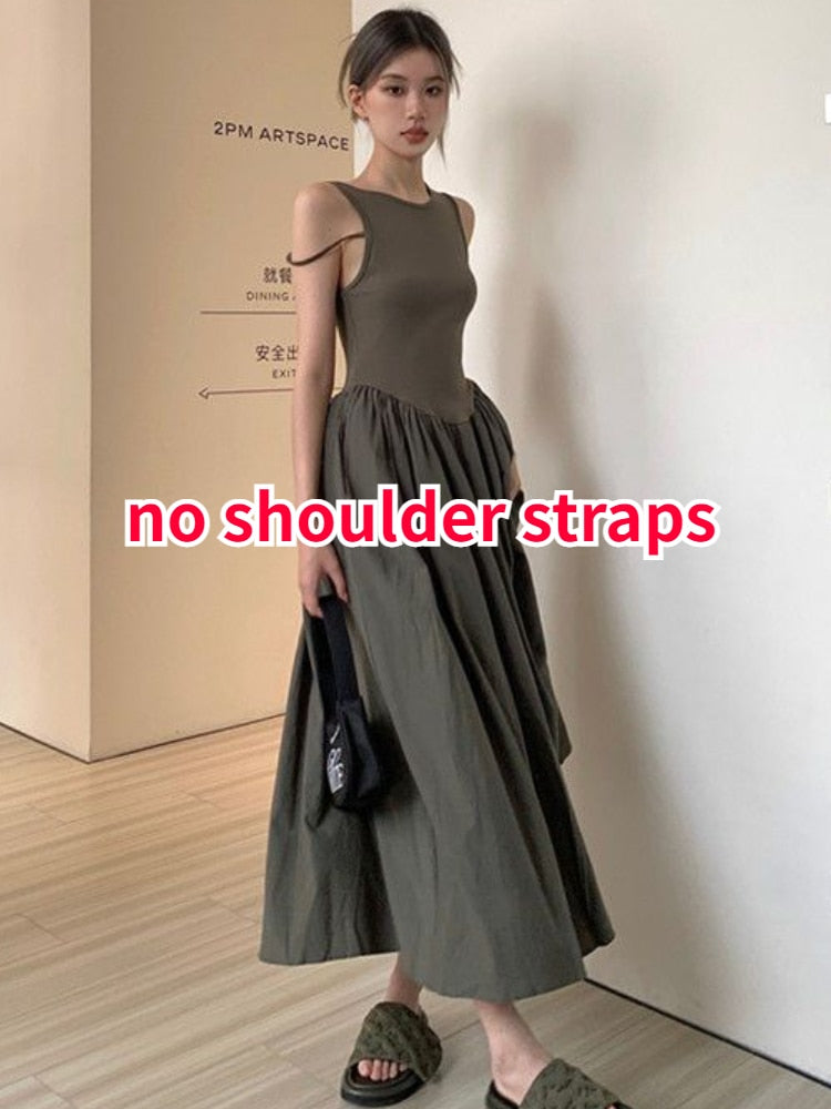 Sleeveless Dress Women Simple All-match New Spring Patchwork Designed A-line Leisure Ankle-length Ins Fashion OOTD Streetwear