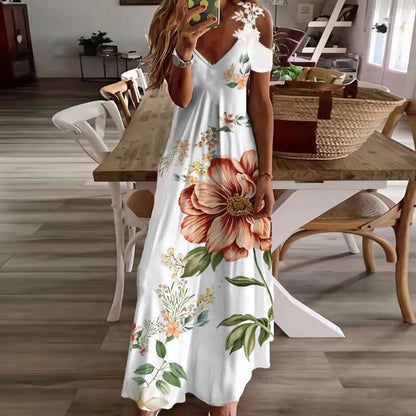 Summer Lace Spaghetti Strap Maxi Dresses Women Bohemian Floral V-Neck Off Shoulder Long Dress Casual Beach Party Robe Vestidos