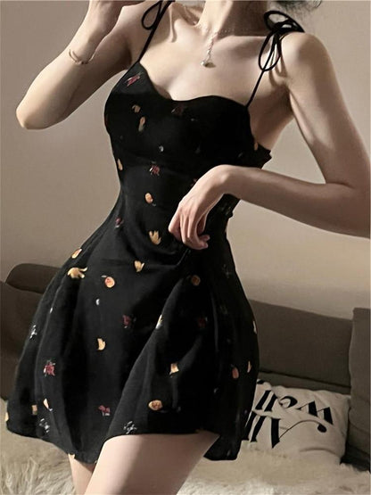 Summer Y2K Retro Floral Strap Bow Black Dress Mini Fashion Aesthetic Club Party Sexy Dresses for Women A-line Outfits