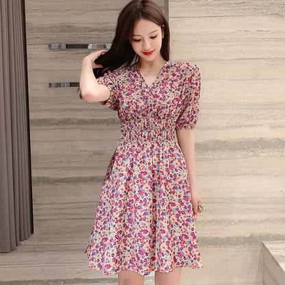 V-Neck Floral Print Dress For Women Spring Summer Fashion Fresh Short Sleeve  Elegant A-Line Dress