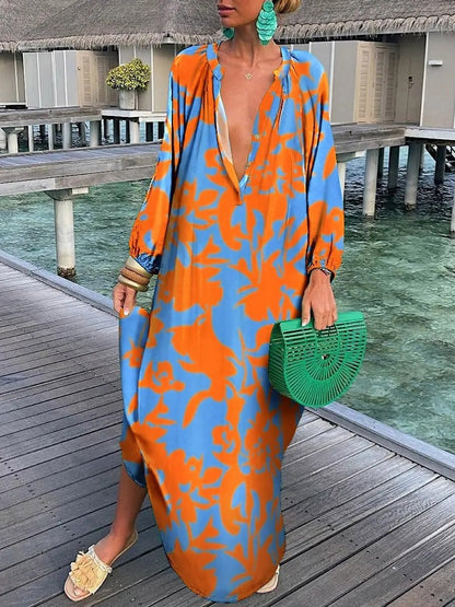 Women Vintage Maxi Dresses 2023 Summer Sexy Deep V-Neck Long Sleeve Boho Print Long Dresses Female Beach Cover Up Elegant Robe