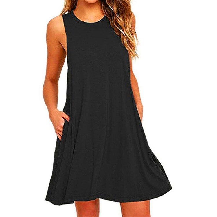 Summer Sundress Women Fashion Sleeveless Solid Color Pocket Loose Party Dress WDC1045