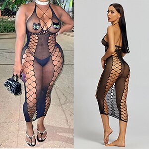 Party Dress Sexy Women Bodycon Dress Perspective Mesh Hollow Out Long Sleeves Sexy Party Queen Clubwear See Through Club Qq640