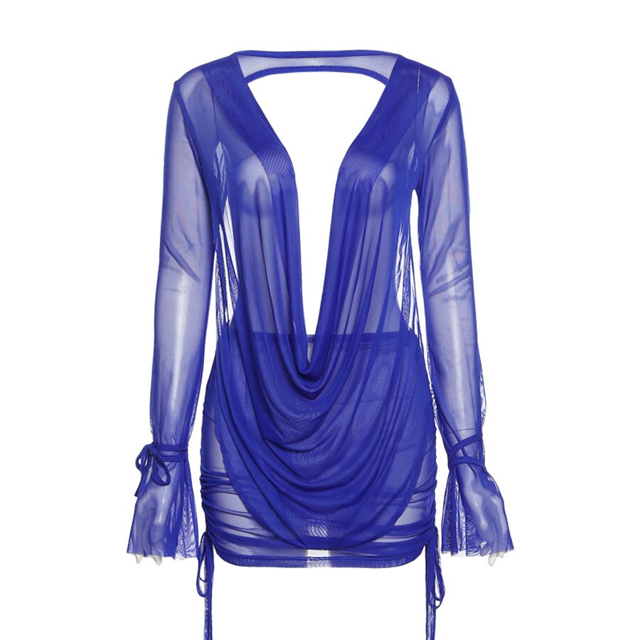 2022 Fashion Club Streetwear 2 Piece Set Deep V-neck Long Sleeve Backless Tops + Drawstring Mini Skirt Mesh Lace Up Beach Suits
