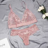 Women&#39;s Ultra-thin Cup Bra &amp; Brief Sets Mesh Lace Underwear Set Transparent Beauty Back Hollow Embroidery Lingerie Set