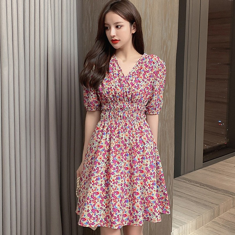 V-Neck Floral Print Dress For Women Spring Summer Fashion Fresh Short Sleeve  Elegant A-Line Dress