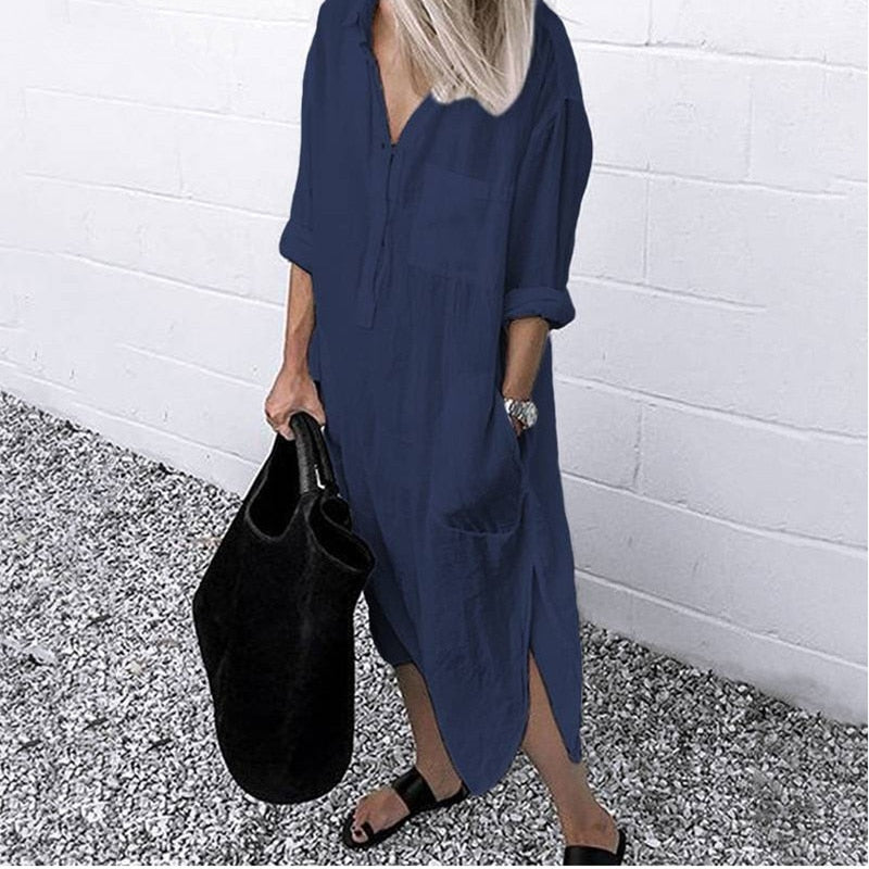 Summer Shirt Long Dress Women Casual Long Sleeve Side Split Button Dresses 2023 Female Elegant Solid Color Pocket Loose Dresses