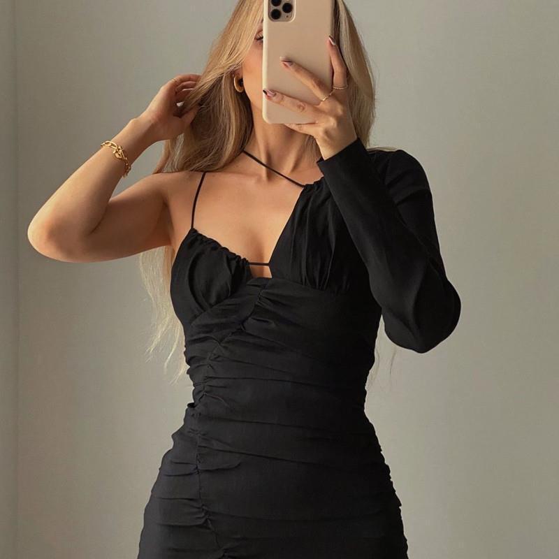 2022 summer sexy irregular one-shoulder long-sleeved suspender dress Black Elegant dresses for women Party Evening dresses y2k
