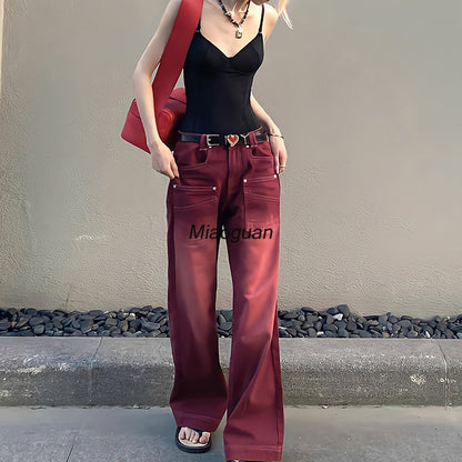 Boyfriend Style Streetwear Baggy Jeans Women Denim Trousers High Waist Y2k Vintage Washed Distressed Wide Leg Mopping Red Pants