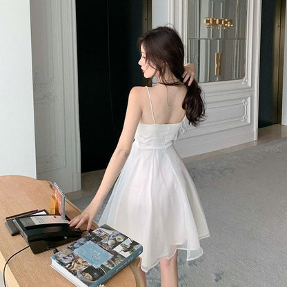 Mesh Sleeveless Mini Dresses Women Summer Elegant Sexy Cute Holidy High Waist A-line Harajukiu Stylish Aesthetic Korean Style