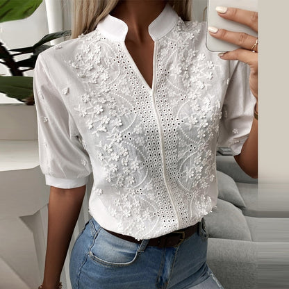 Women Casual Solid Hollow-out Floral V Neck Chic Blouse Style Dress Patterns Material Decoration Origin Gender Season Age Collar