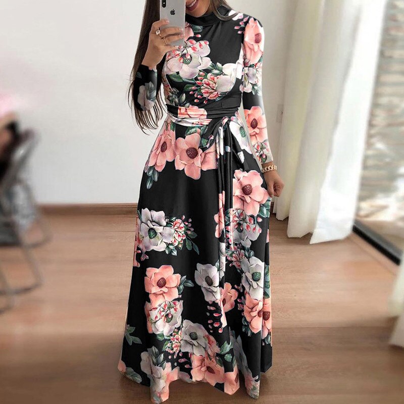 Women Elegant Long Sleeve Flower Print Long Dress Women Casual Slim Sashes O-neck High Waist Robe Party Maxi Vestidos