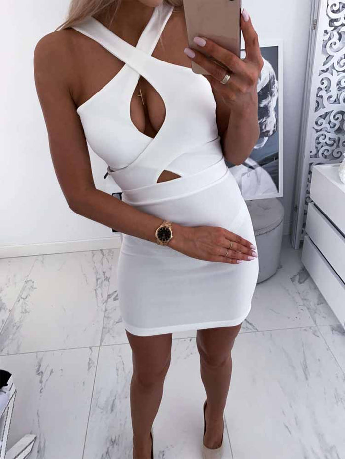 Sexy Women Summer Solid Color Pencil Dress for Party Night Club Hollow Out Design Halter Sleeveless V-Neck Slim Hips Mini Dress