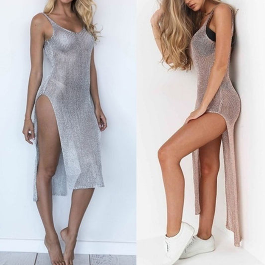 Women Sexy Summer Sunscreen Sheer Mesh Bikini Cover Up Metallic Solid Color Backless High Slit Beach Club Party Sleeveless Dress