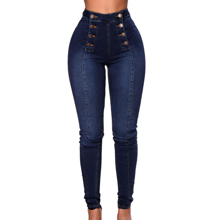 Women High Waist Pencil Jeans Vintage Skinny Double-breasted Pockets Push Up Full Length Denim Pants Trousers Female Clothing