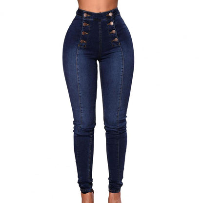 Women High Waist Pencil Jeans Vintage Skinny Double-breasted Pockets Push Up Full Length Denim Pants Trousers Female Clothing